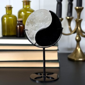 Yin Yang i Bergkrystall & Svart Obsidian med Holder