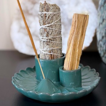 3-i-1 Grønn Røkelsesholder i Keramikk - Salvie, Palo Santo & Røkelsespinne