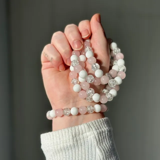 Rosenkvarts, Hvit Jade & Crackle Quartz Armbånd, 10mm