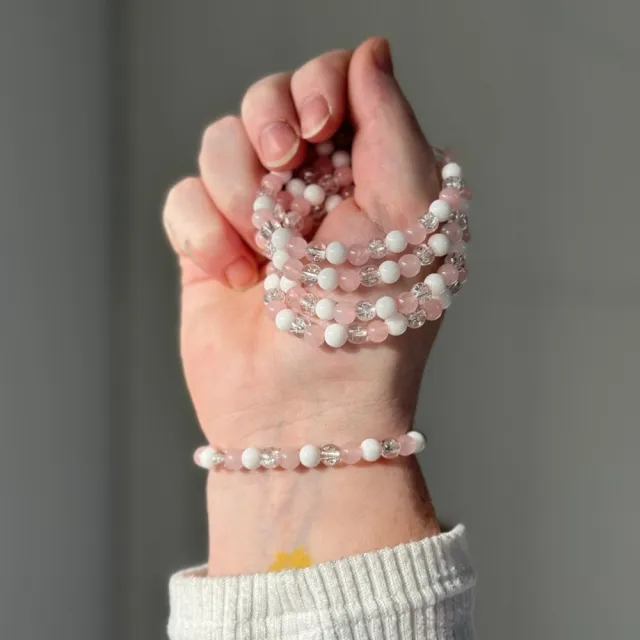 Rosenkvarts, Hvit Jade & Crackle Quartz Armbånd, 6mm  